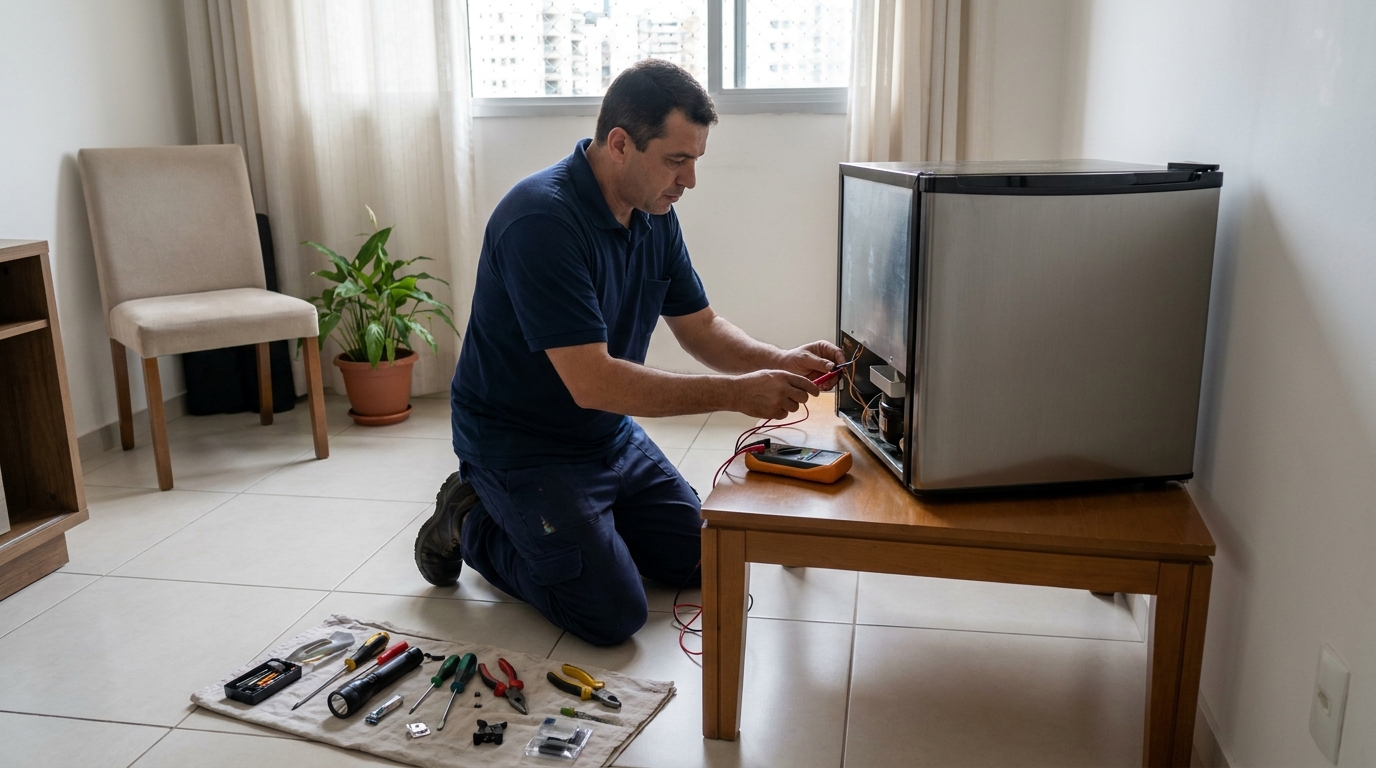 Técnico fazendo manutenção do motor de frigobar em Divinópolis‑MG