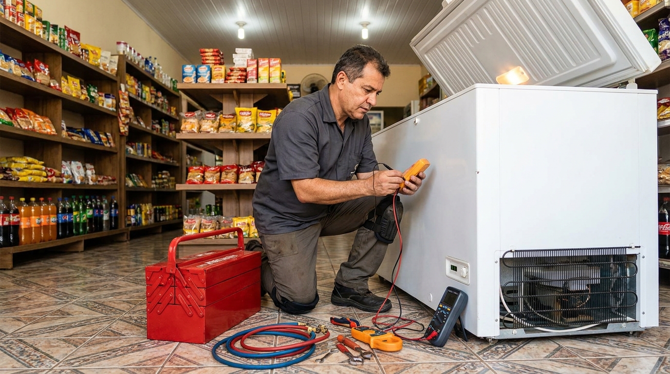Recarga de gás refrigerante no freezer durante atendimento em Divinópolis‑MG